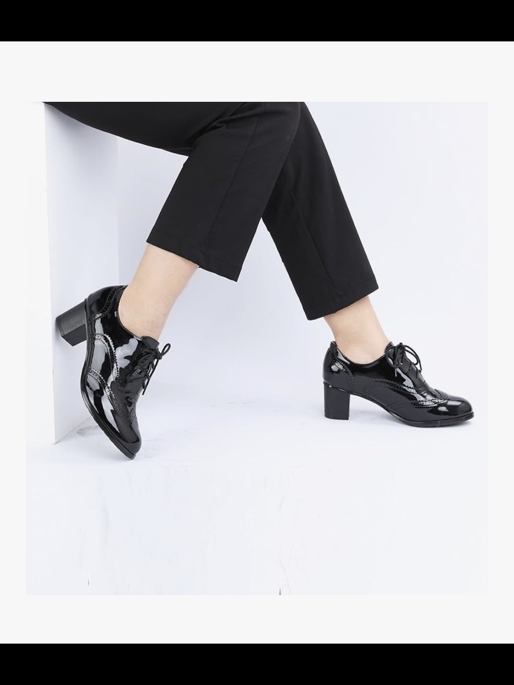 Patent Leather Lace-Up Block Heel Shoes - Black